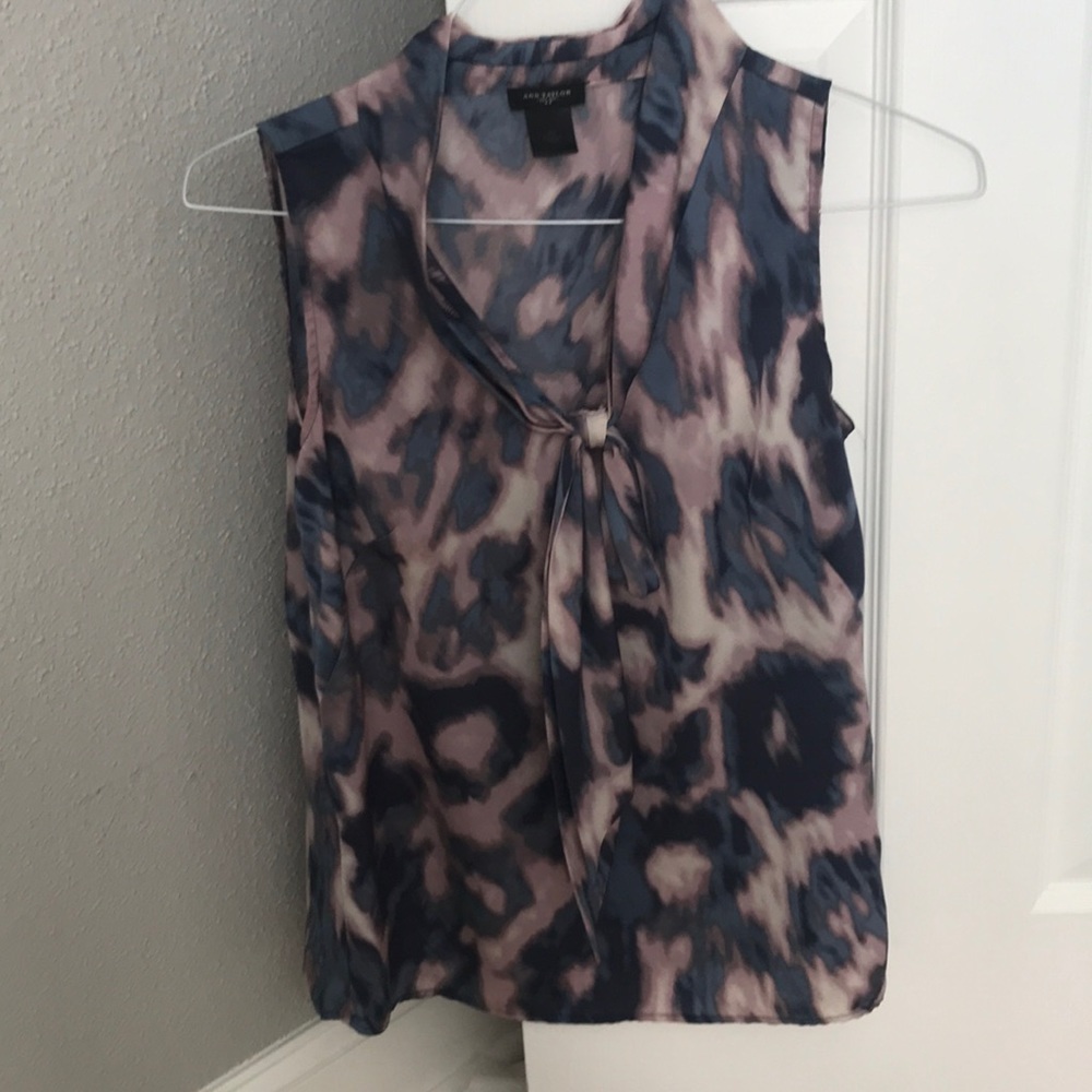 Printed blue and lavender dress blouse.